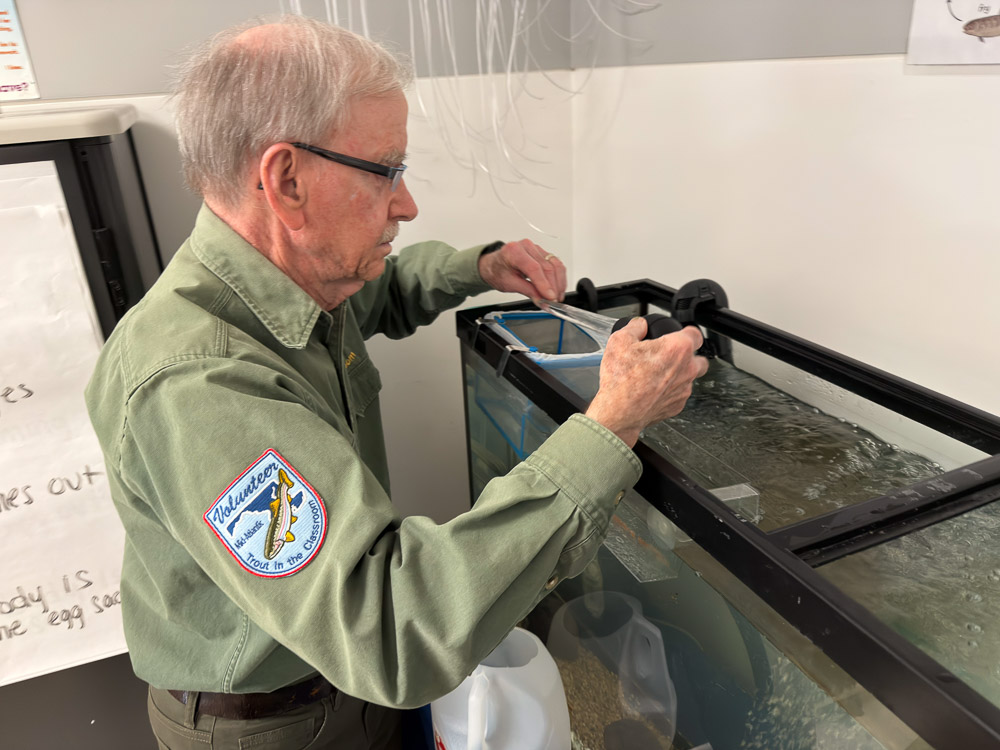Trout Unlimited volunteer maintaining classroom trout tank